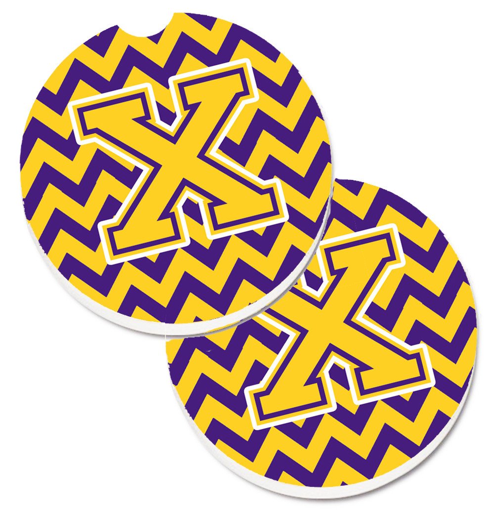 Letter X Chevron Purple and Gold Set of 2 Cup Holder Car Coasters CJ1041-XCARC by Caroline&#39;s Treasures
