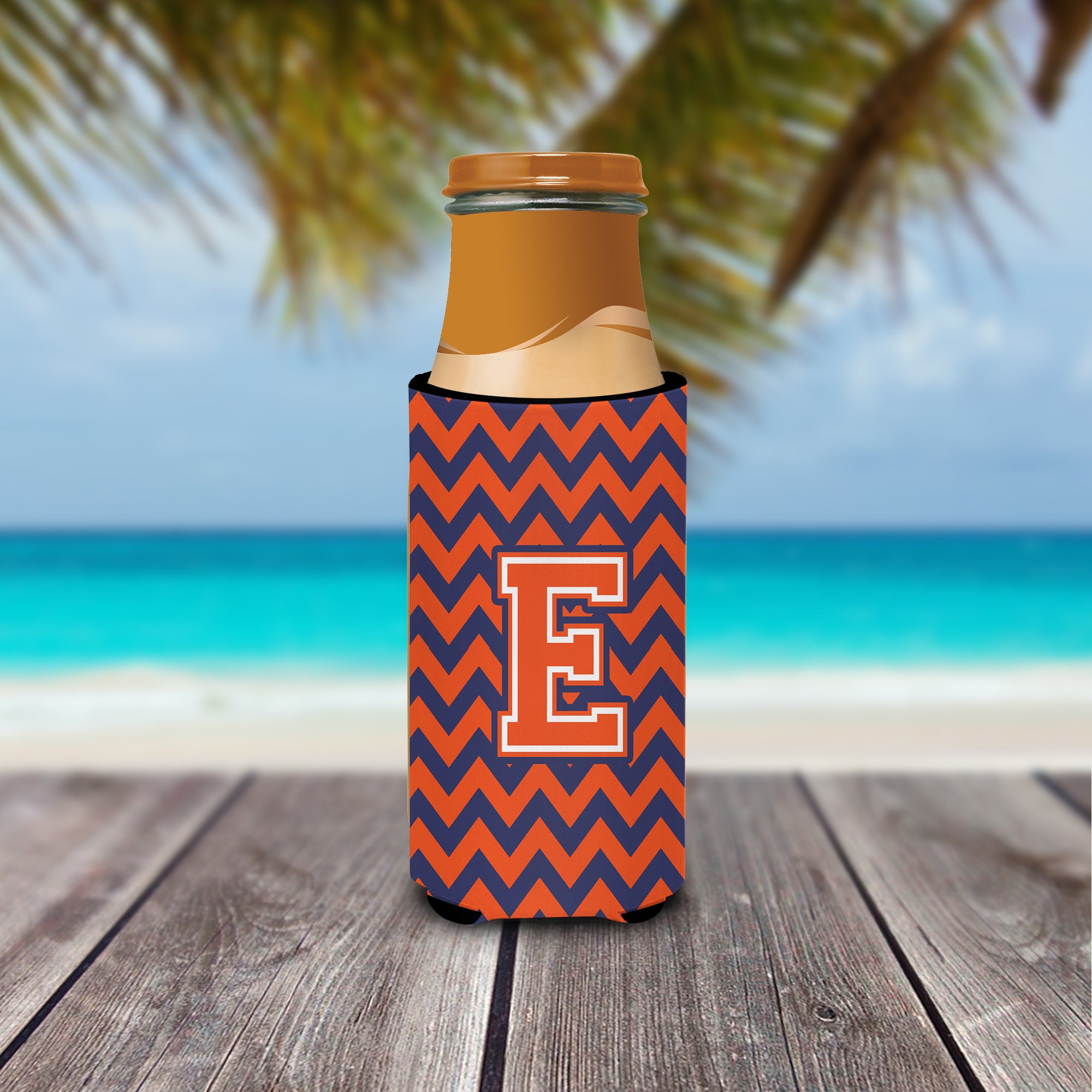 Letter E Chevron Orange Blue Ultra Beverage Insulators for slim cans CJ1042-EMUK.