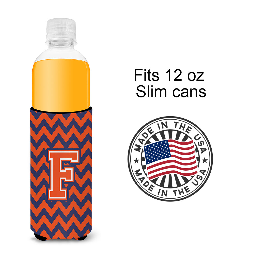 Letter F Chevron Orange Blue Ultra Beverage Insulators for slim cans CJ1042-FMUK.