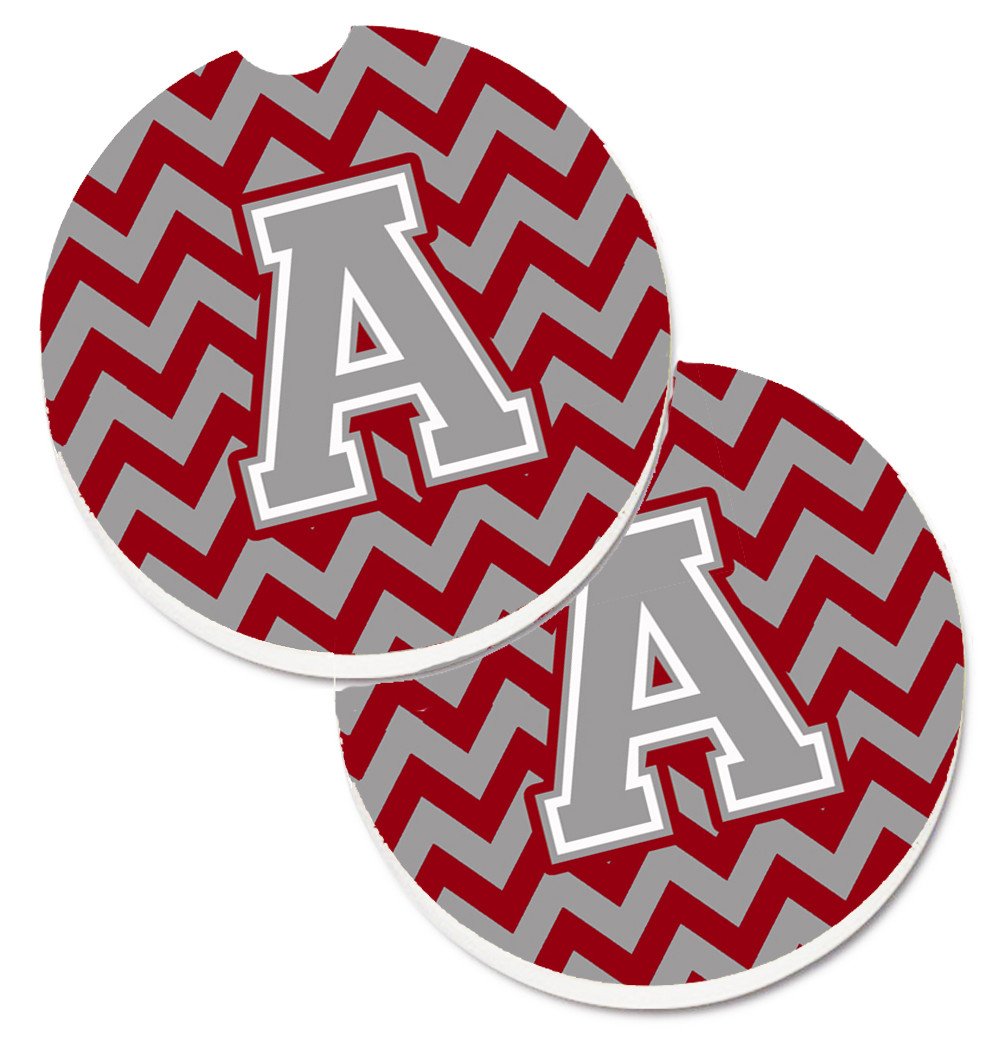 Letter A Chevron Crimson and Grey   Set of 2 Cup Holder Car Coasters CJ1043-ACARC by Caroline&#39;s Treasures