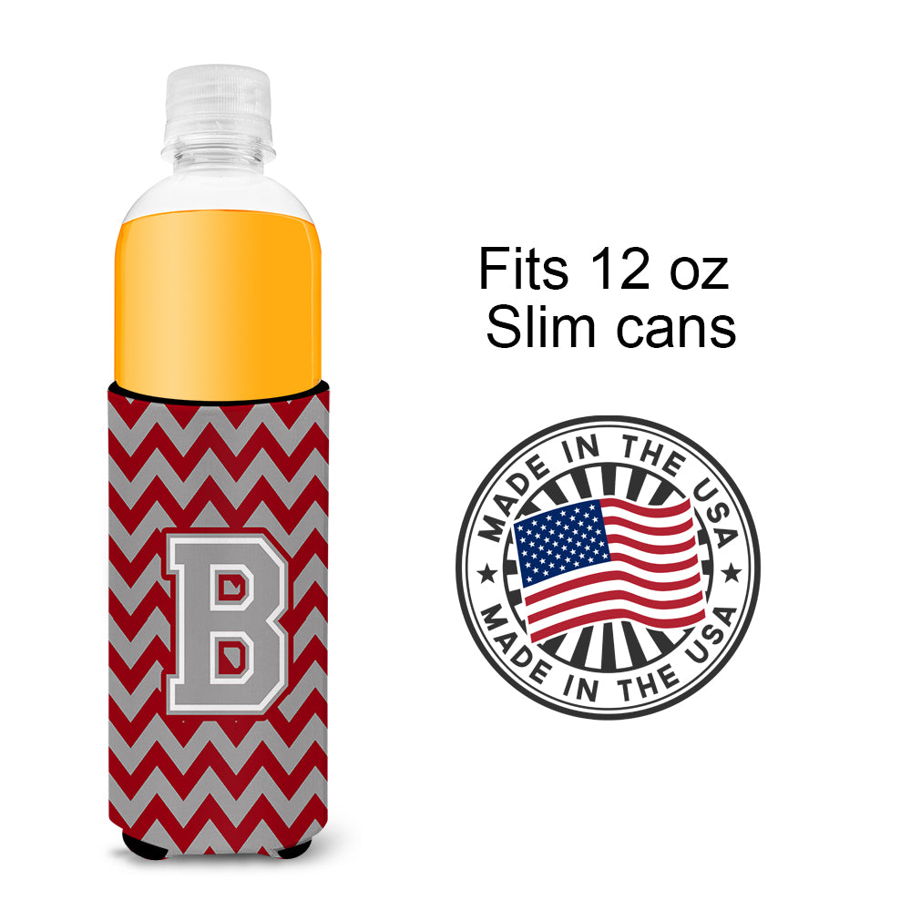Letter B Chevron Crimson and Grey   Ultra Beverage Insulators for slim cans CJ1043-BMUK.