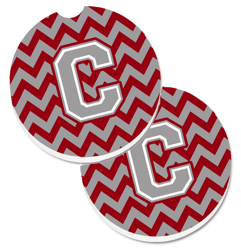 Letter C Chevron Crimson and Grey   Set of 2 Cup Holder Car Coasters CJ1043-CCARC by Caroline's Treasures