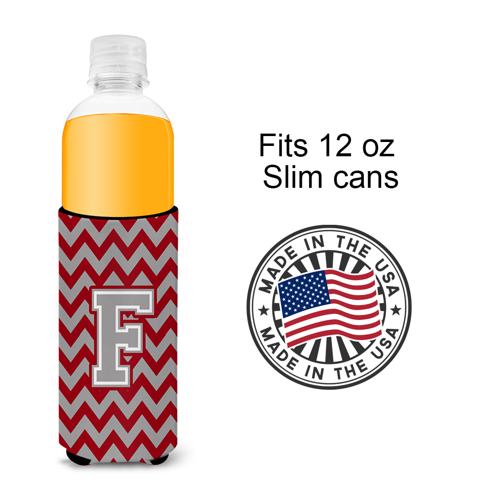 Letter F Chevron Crimson and Grey   Ultra Beverage Insulators for slim cans CJ1043-FMUK.