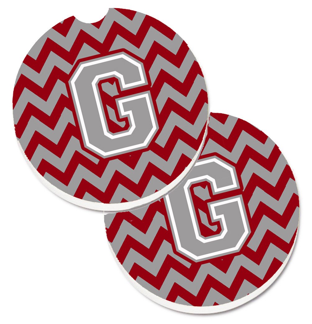 Letter G Chevron Crimson and Grey   Set of 2 Cup Holder Car Coasters CJ1043-GCARC by Caroline's Treasures