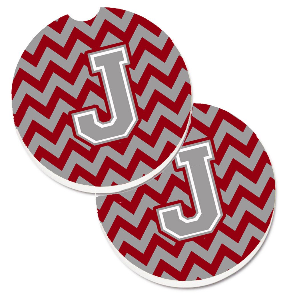 Letter J Chevron Crimson and Grey   Set of 2 Cup Holder Car Coasters CJ1043-JCARC by Caroline's Treasures