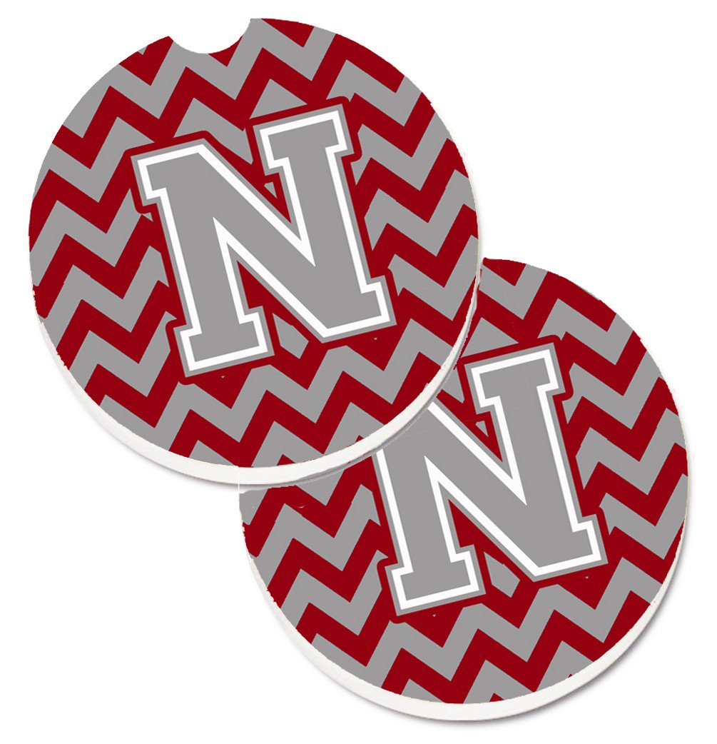 Letter N Chevron Crimson and Grey   Set of 2 Cup Holder Car Coasters CJ1043-NCARC by Caroline's Treasures