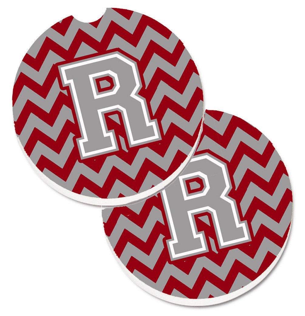 Letter R Chevron Crimson and Grey   Set of 2 Cup Holder Car Coasters CJ1043-RCARC by Caroline's Treasures