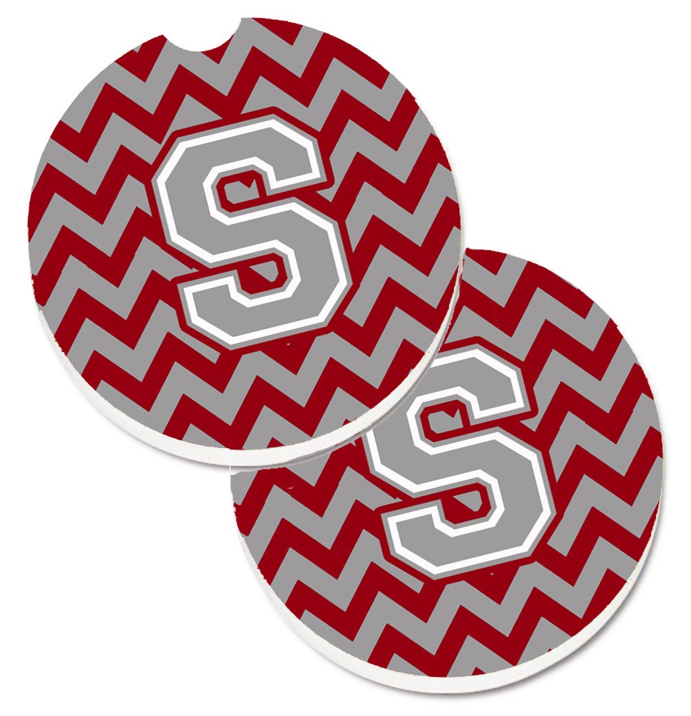 Letter S Chevron Crimson and Grey   Set of 2 Cup Holder Car Coasters CJ1043-SCARC by Caroline&#39;s Treasures