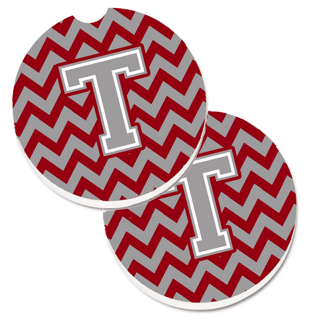 Letter T Chevron Crimson and Grey   Set of 2 Cup Holder Car Coasters CJ1043-TCARC by Caroline's Treasures