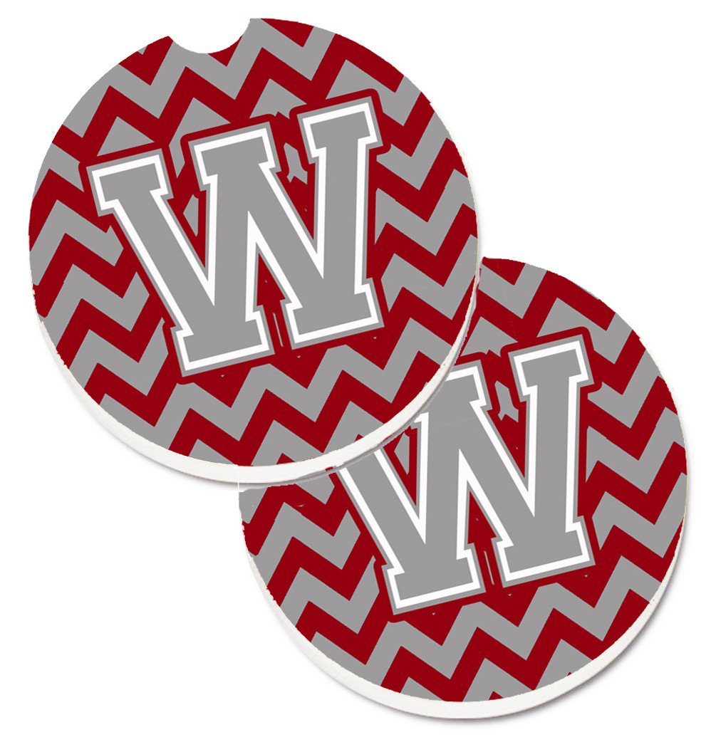Letter W Chevron Crimson and Grey   Set of 2 Cup Holder Car Coasters CJ1043-WCARC by Caroline&#39;s Treasures