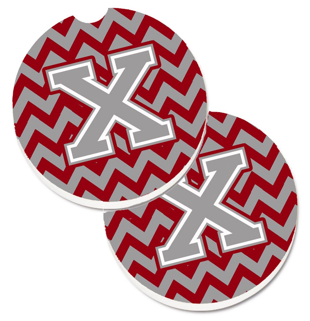 Letter X Chevron Crimson and Grey   Set of 2 Cup Holder Car Coasters CJ1043-XCARC by Caroline&#39;s Treasures