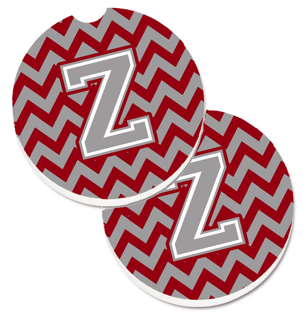Letter Z Chevron Crimson and Grey   Set of 2 Cup Holder Car Coasters CJ1043-ZCARC by Caroline&#39;s Treasures