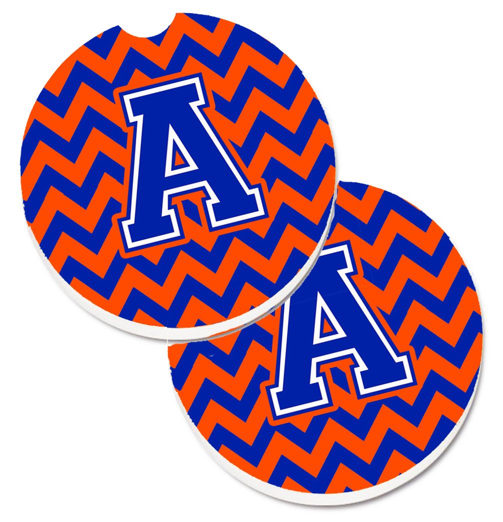 Letter A Chevron Orange and Blue Set of 2 Cup Holder Car Coasters CJ1044-ACARC by Caroline&#39;s Treasures