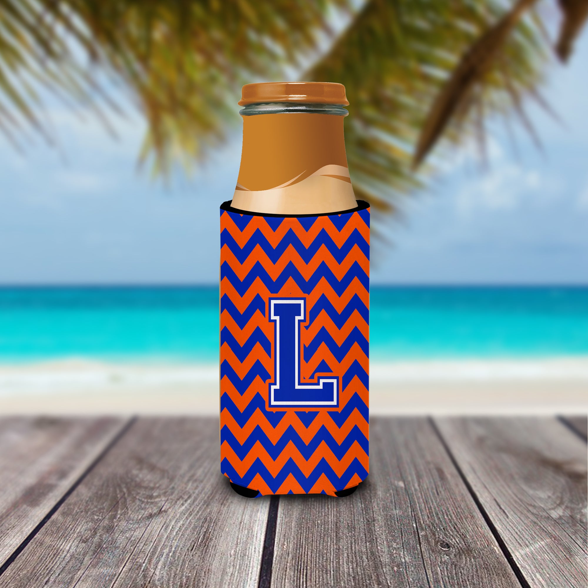 Letter L Chevron Orange and Blue Ultra Beverage Insulators for slim cans CJ1044-LMUK.