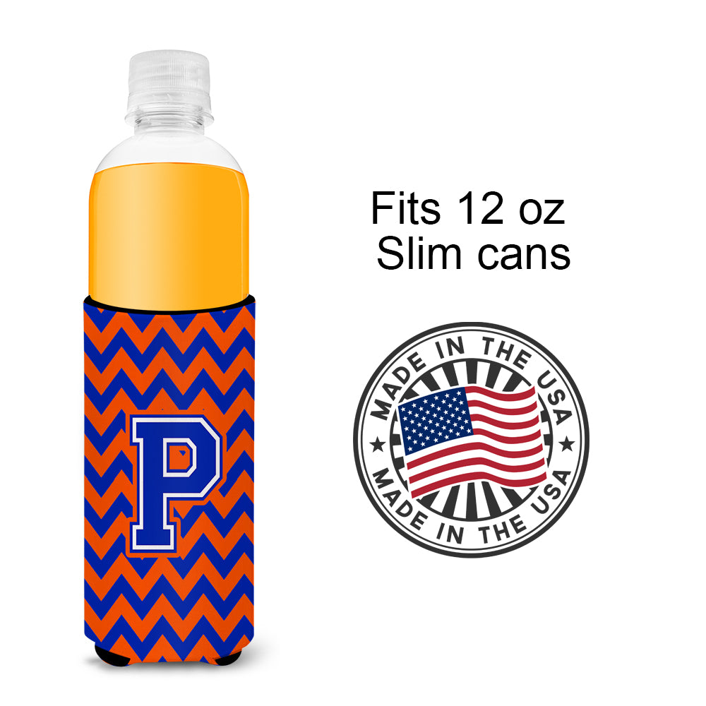 Letter P Chevron Orange and Blue Ultra Beverage Insulators for slim cans CJ1044-PMUK.