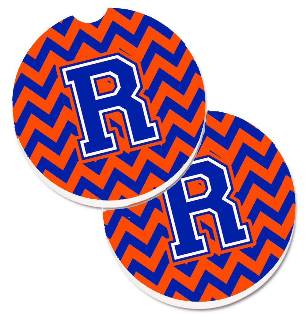 Letter R Chevron Orange and Blue Set of 2 Cup Holder Car Coasters CJ1044-RCARC by Caroline&#39;s Treasures