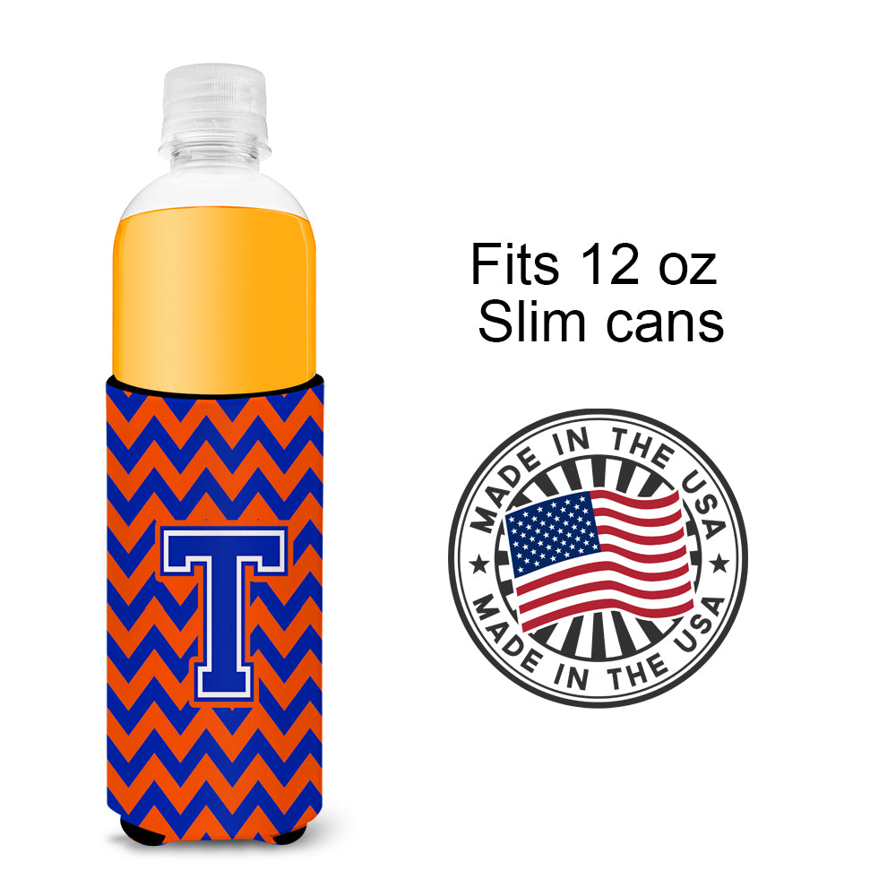 Letter T Chevron Orange and Blue Ultra Beverage Insulators for slim cans CJ1044-TMUK.