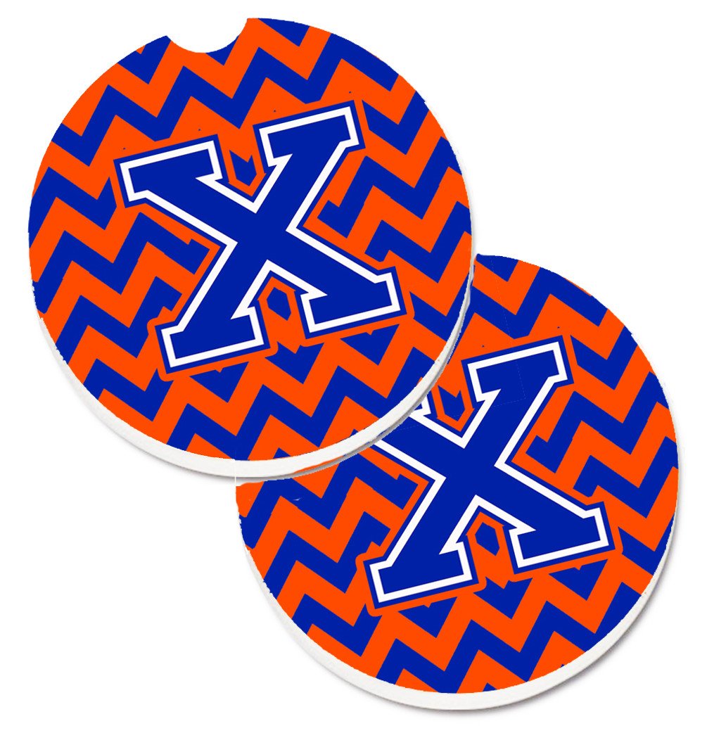 Letter X Chevron Orange and Blue Set of 2 Cup Holder Car Coasters CJ1044-XCARC by Caroline's Treasures