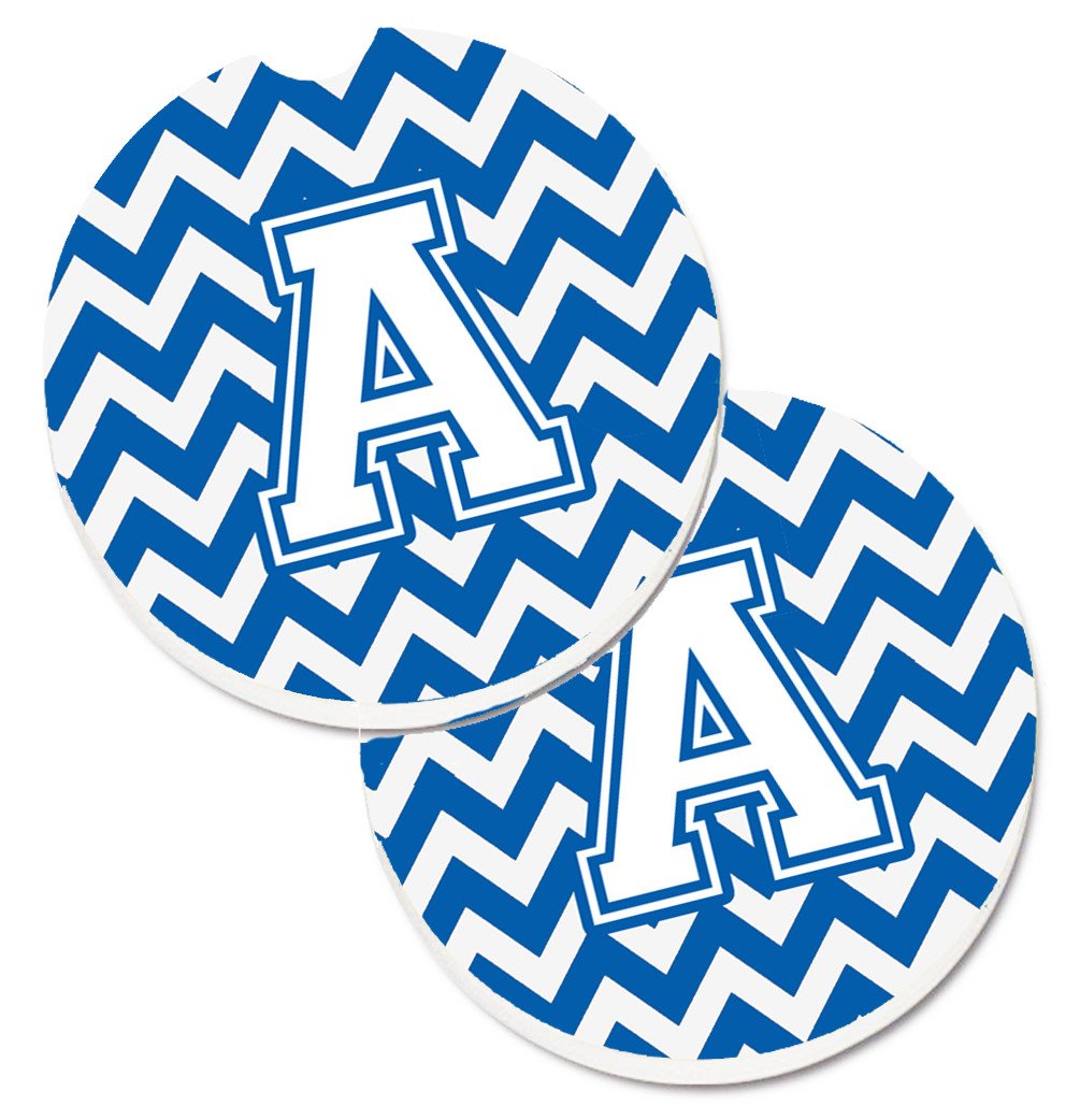 Letter A Chevron Blue and White Set of 2 Cup Holder Car Coasters CJ1045-ACARC by Caroline&#39;s Treasures