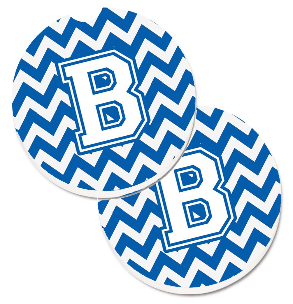 Letter B Chevron Blue and White Set of 2 Cup Holder Car Coasters CJ1045-BCARC by Caroline's Treasures