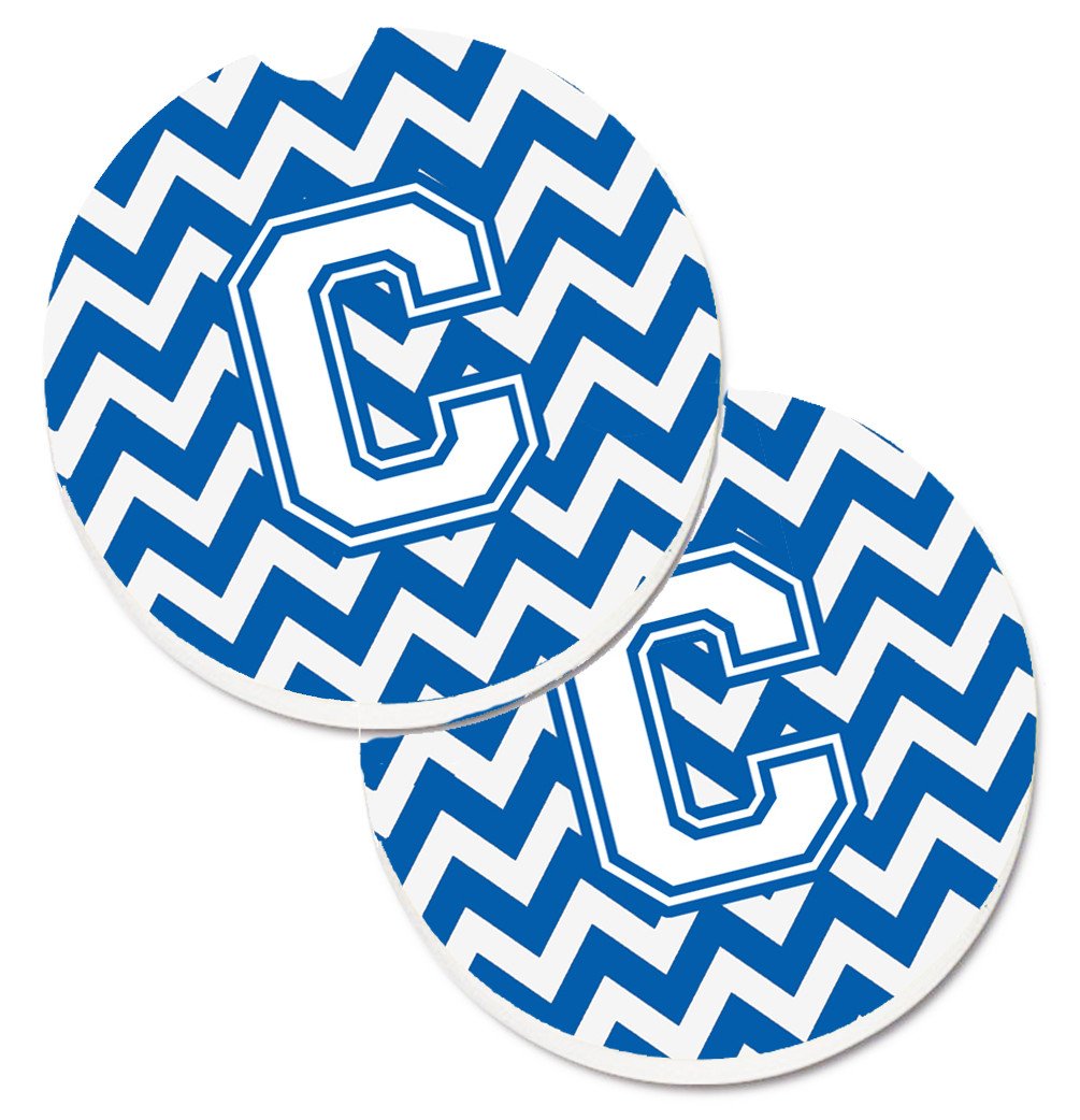 Letter C Chevron Blue and White Set of 2 Cup Holder Car Coasters CJ1045-CCARC by Caroline's Treasures