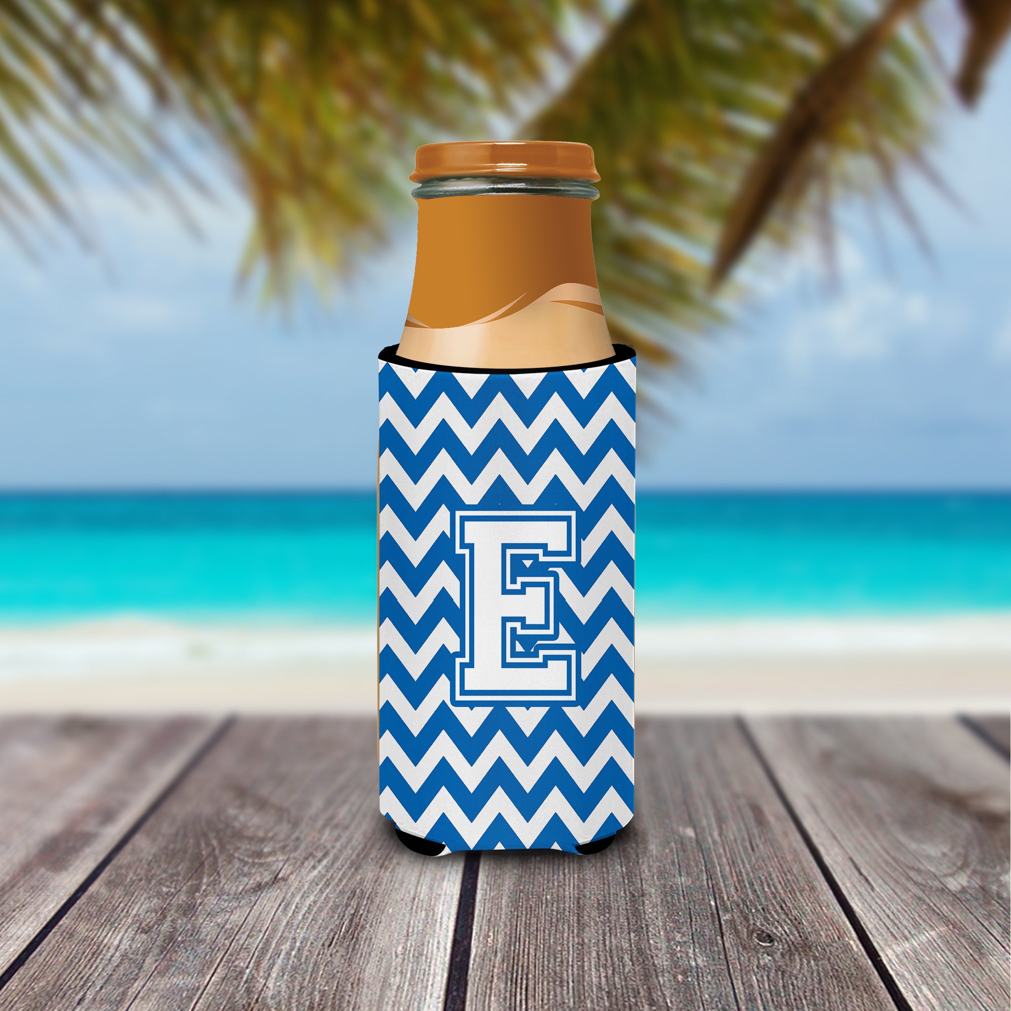 Letter E Chevron Blue and White Ultra Beverage Insulators for slim cans CJ1045-EMUK.