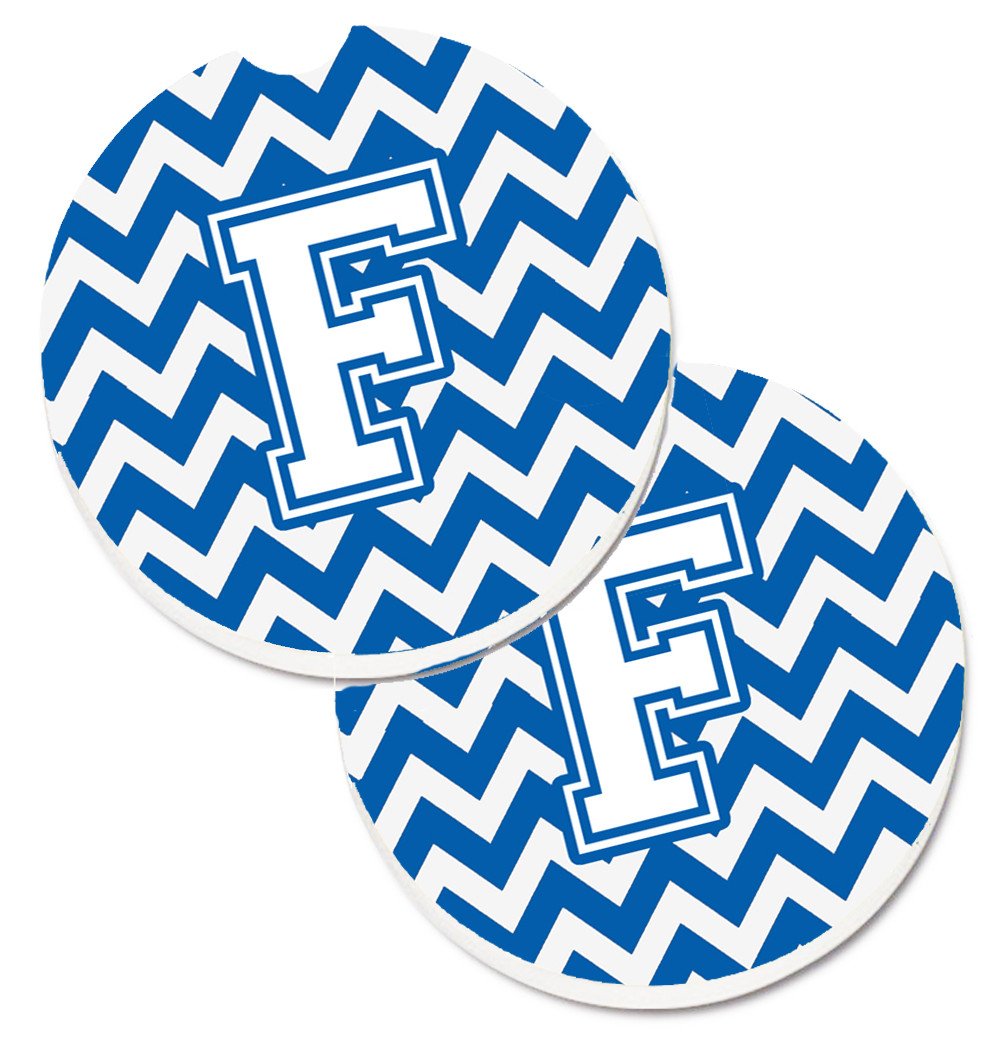 Letter F Chevron Blue and White Set of 2 Cup Holder Car Coasters CJ1045-FCARC by Caroline&#39;s Treasures