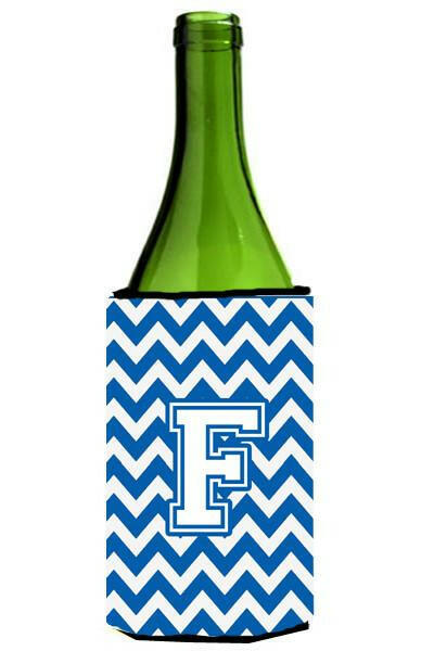 Letter F Chevron Blue and White Wine Bottle Beverage Insulator Hugger CJ1045-FLITERK by Caroline&#39;s Treasures