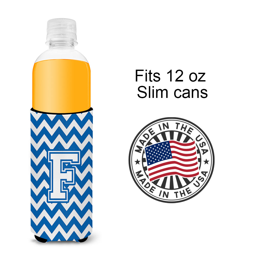 Letter F Chevron Blue and White Ultra Beverage Insulators for slim cans CJ1045-FMUK