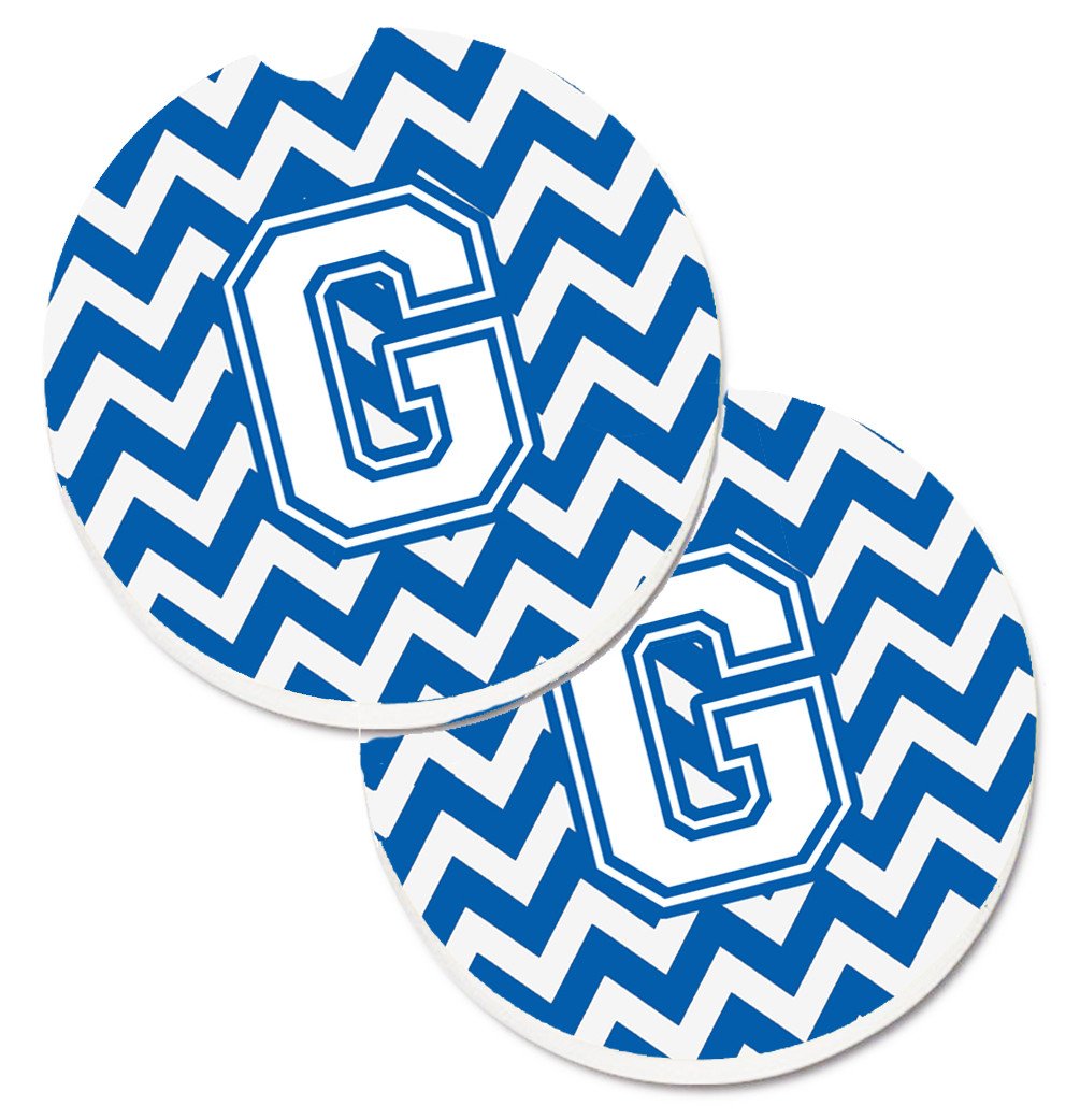 Letter G Chevron Blue and White Set of 2 Cup Holder Car Coasters CJ1045-GCARC by Caroline&#39;s Treasures