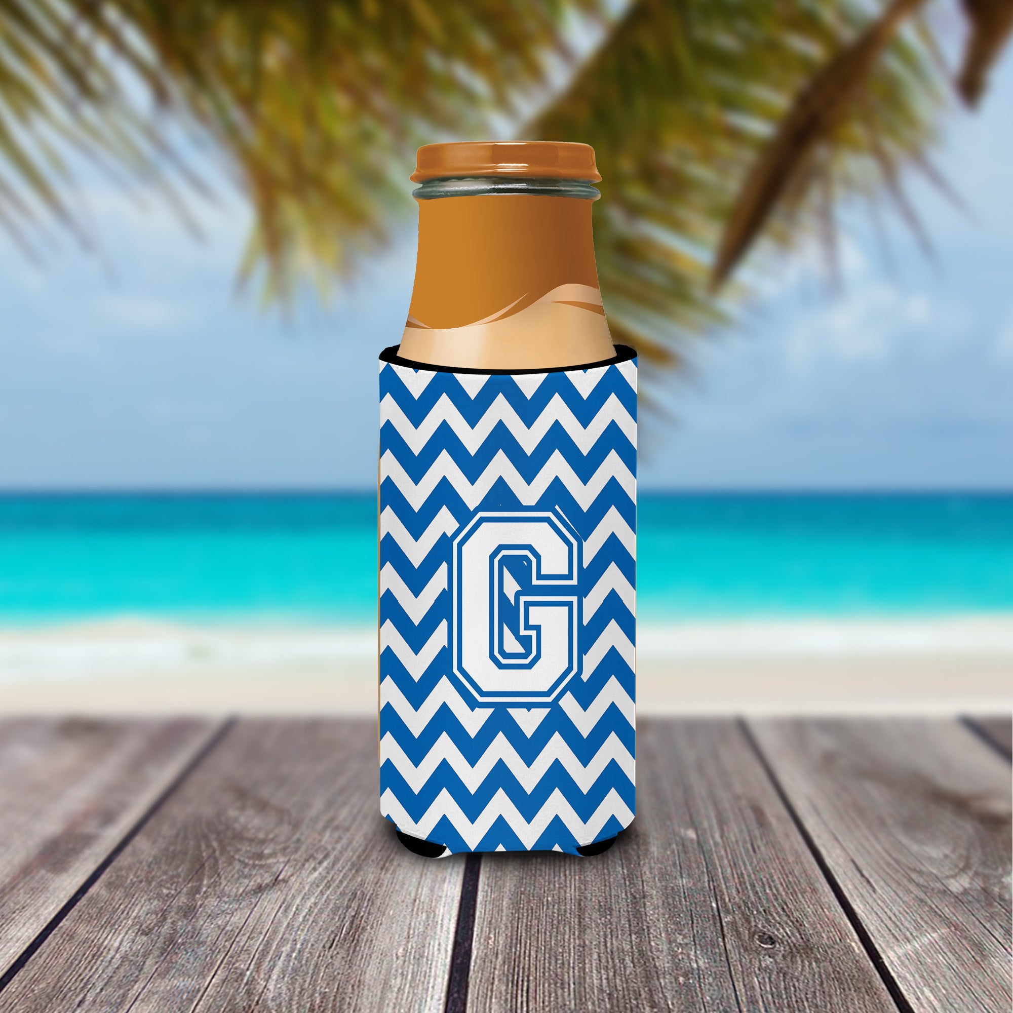 Letter G Chevron Blue and White Ultra Beverage Insulators for slim cans CJ1045-GMUK.