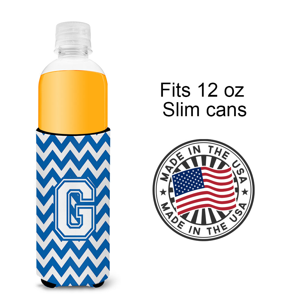 Letter G Chevron Blue and White Ultra Beverage Insulators for slim cans CJ1045-GMUK.