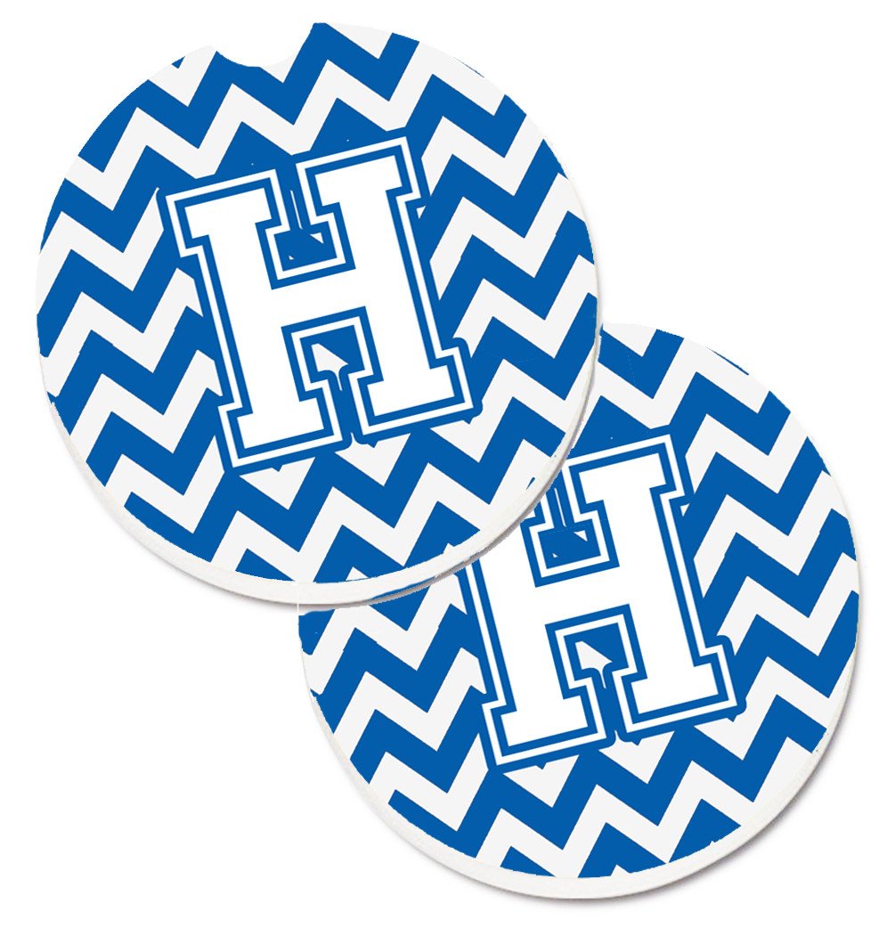 Letter H Chevron Blue and White Set of 2 Cup Holder Car Coasters CJ1045-HCARC by Caroline&#39;s Treasures