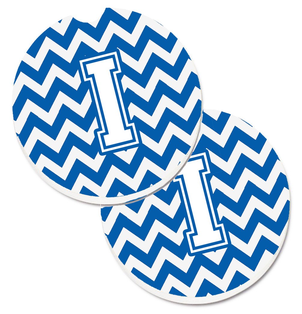 Letter I Chevron Blue and White Set of 2 Cup Holder Car Coasters CJ1045-ICARC by Caroline&#39;s Treasures