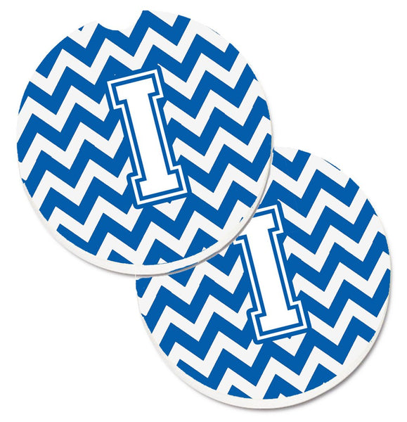 Letter I Chevron Blue and White Set of 2 Cup Holder Car Coasters CJ1045-ICARC by Caroline's Treasures