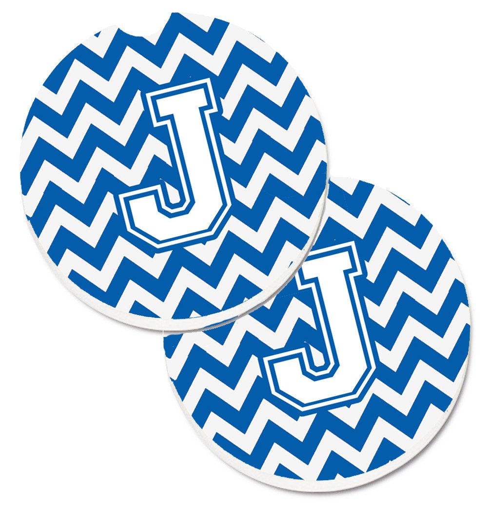 Letter J Chevron Blue and White Set of 2 Cup Holder Car Coasters CJ1045-JCARC by Caroline's Treasures