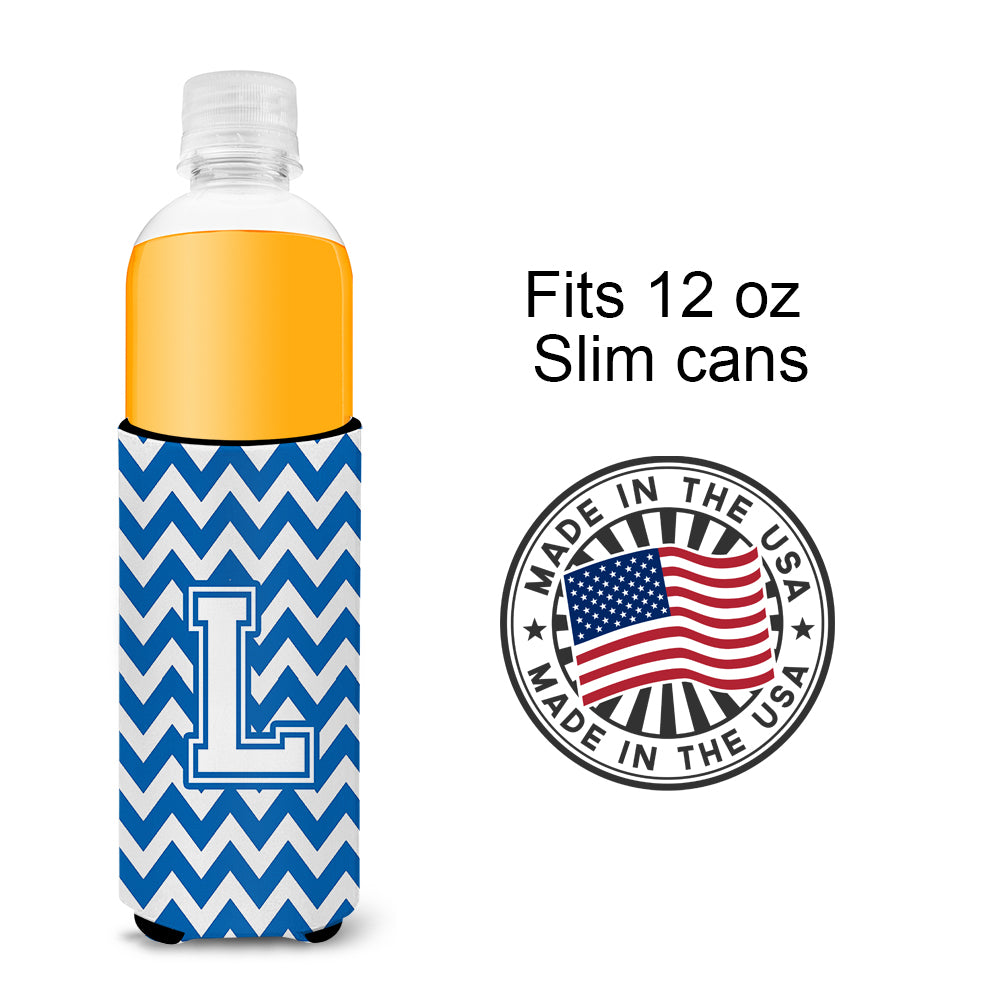 Letter L Chevron Blue and White Ultra Beverage Insulators for slim cans CJ1045-LMUK