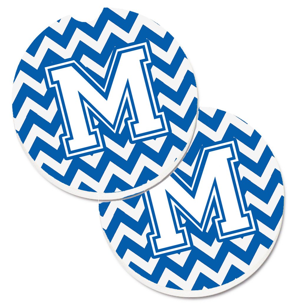 Letter M Chevron Blue and White Set of 2 Cup Holder Car Coasters CJ1045-MCARC by Caroline's Treasures
