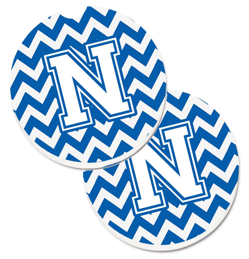 Letter N Chevron Blue and White Set of 2 Cup Holder Car Coasters CJ1045-NCARC by Caroline's Treasures