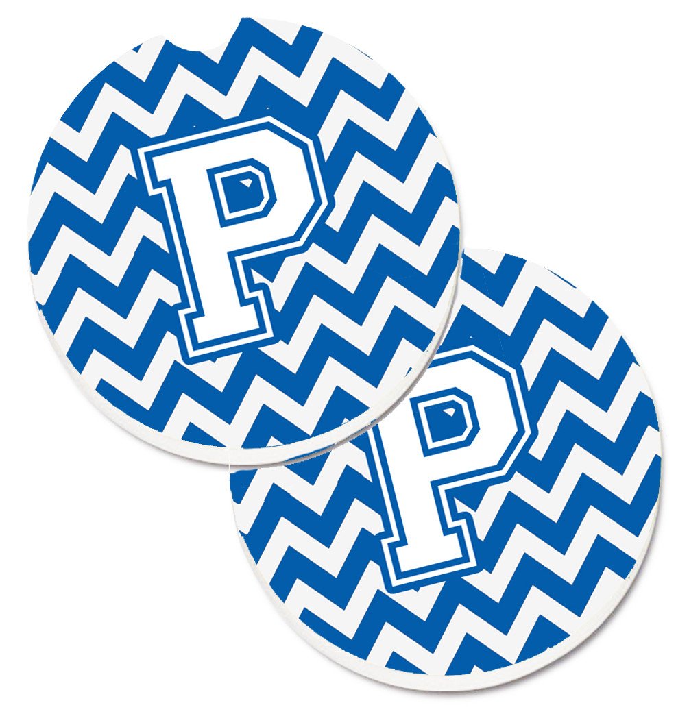 Letter P Chevron Blue and White Set of 2 Cup Holder Car Coasters CJ1045-PCARC by Caroline's Treasures