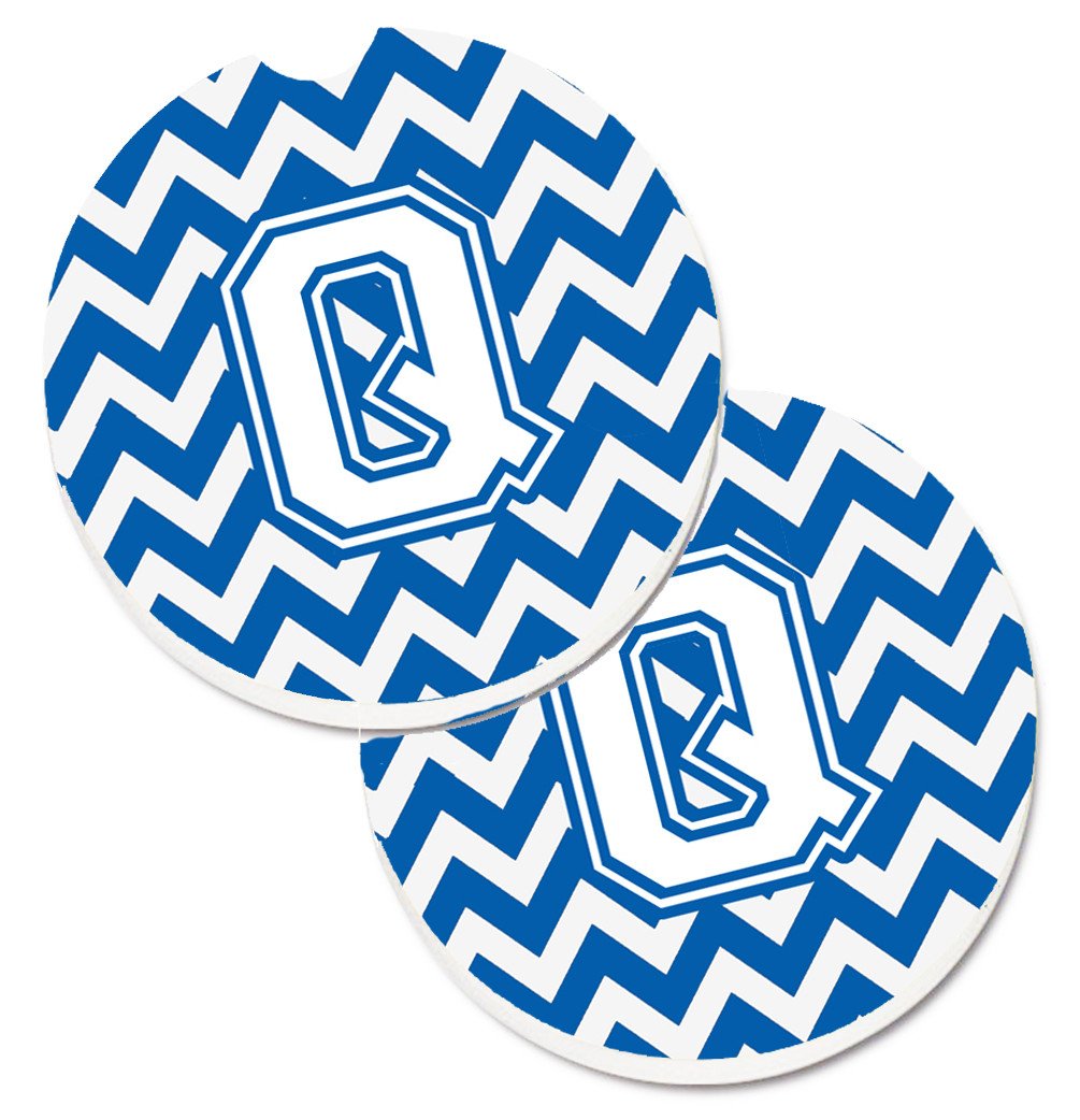 Letter Q Chevron Blue and White Set of 2 Cup Holder Car Coasters CJ1045-QCARC by Caroline's Treasures