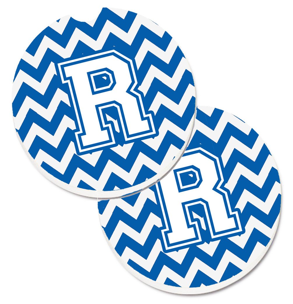 Letter R Chevron Blue and White Set of 2 Cup Holder Car Coasters CJ1045-RCARC by Caroline's Treasures
