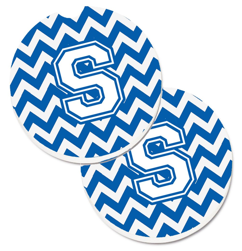 Letter S Chevron Blue and White Set of 2 Cup Holder Car Coasters CJ1045-SCARC by Caroline's Treasures