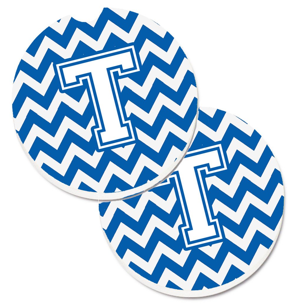 Letter T Chevron Blue and White Set of 2 Cup Holder Car Coasters CJ1045-TCARC by Caroline's Treasures