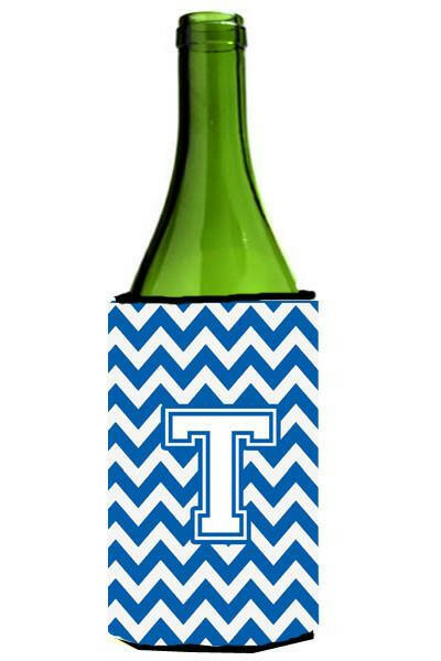Letter T Chevron Blue and White Wine Bottle Beverage Insulator Hugger CJ1045-TLITERK by Caroline&#39;s Treasures
