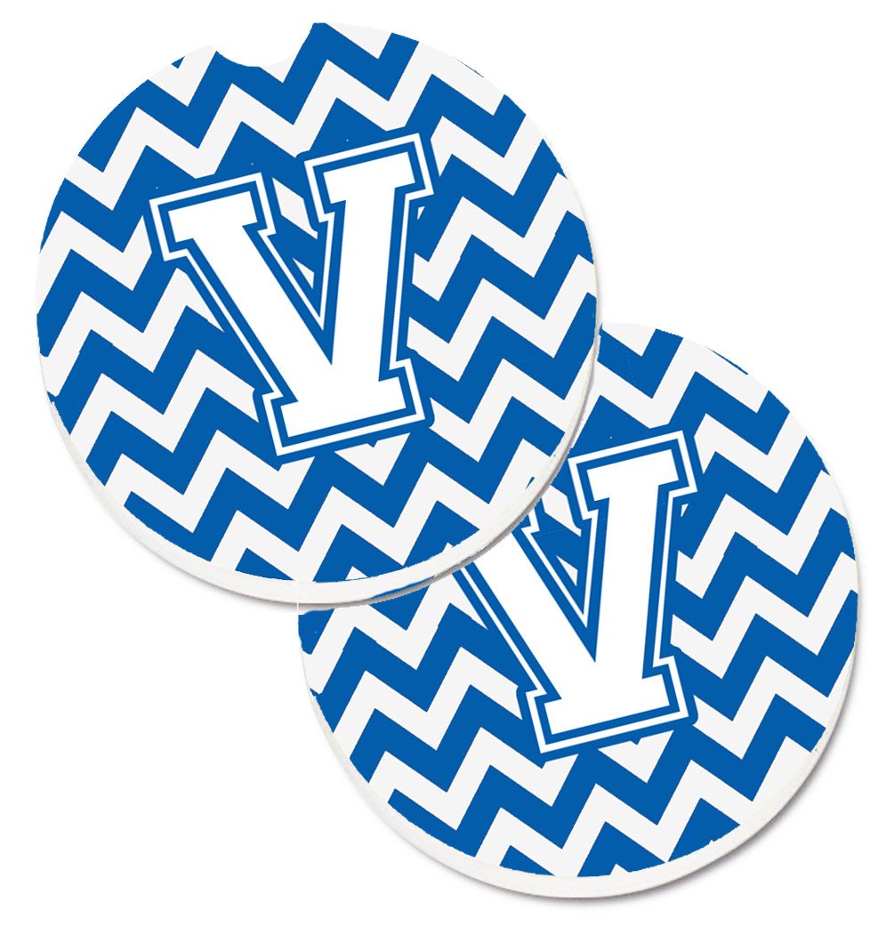 Letter V Chevron Blue and White Set of 2 Cup Holder Car Coasters CJ1045-VCARC by Caroline's Treasures
