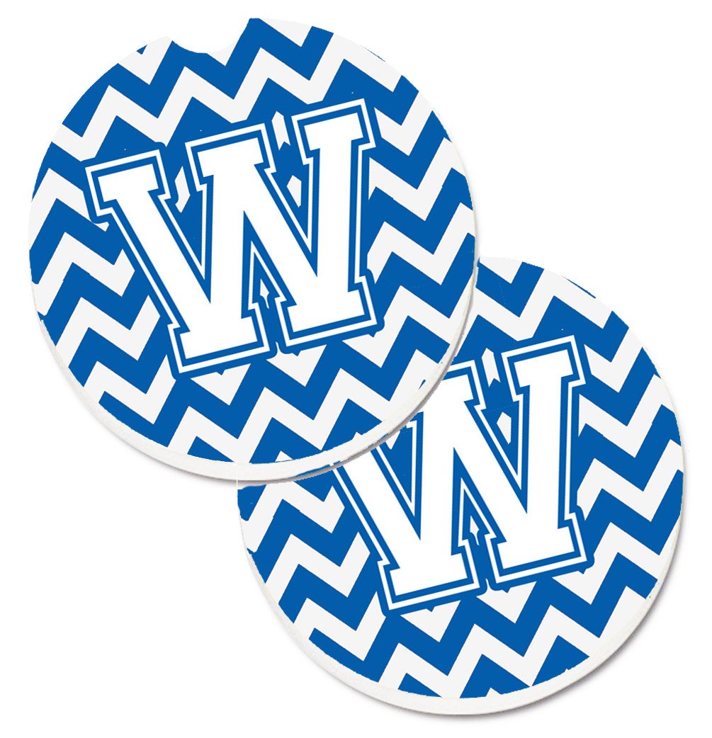 Letter W Chevron Blue and White Set of 2 Cup Holder Car Coasters CJ1045-WCARC by Caroline&#39;s Treasures