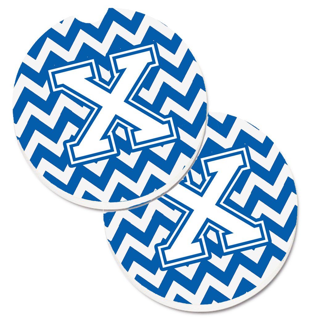 Letter X Chevron Blue and White Set of 2 Cup Holder Car Coasters CJ1045-XCARC by Caroline's Treasures