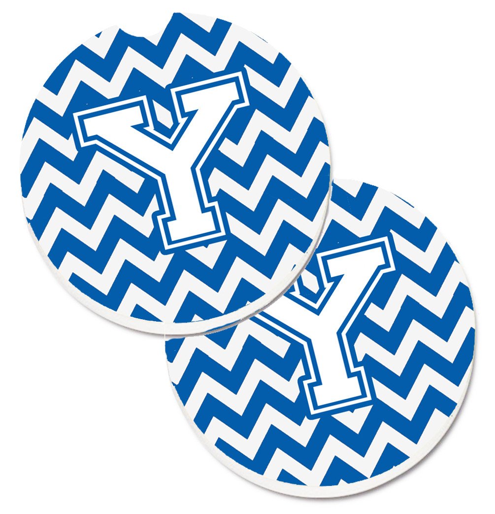 Letter Y Chevron Blue and White Set of 2 Cup Holder Car Coasters CJ1045-YCARC by Caroline's Treasures