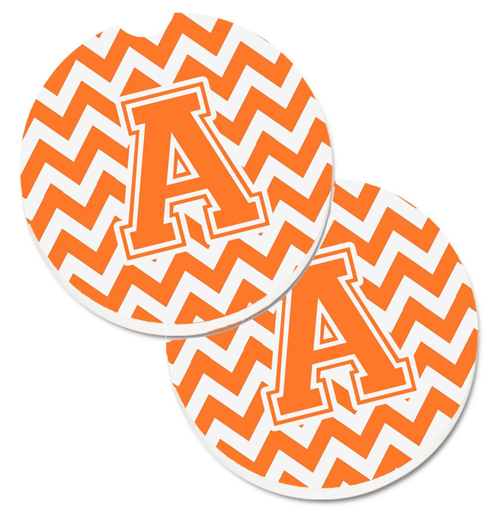 Letter A Chevron Orange and White Set of 2 Cup Holder Car Coasters CJ1046-ACARC by Caroline&#39;s Treasures
